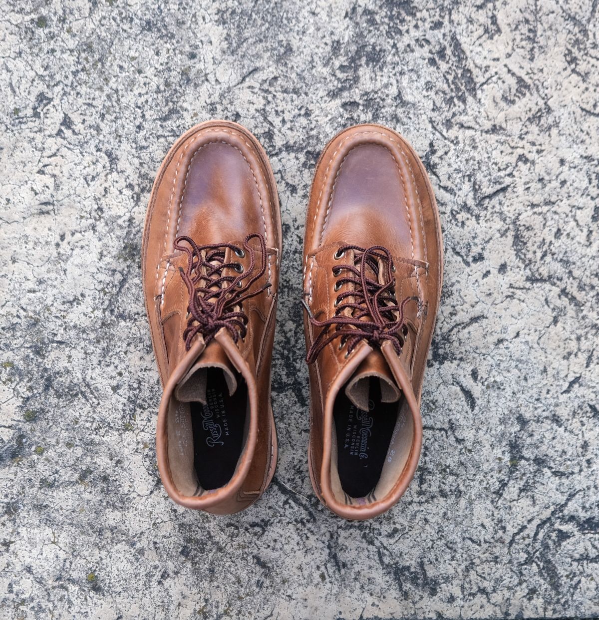 Photo by titletowngoods on September 30, 2025 of the Russell Moccasin Co. Joe's PH in Horween Marine Field Shoe.