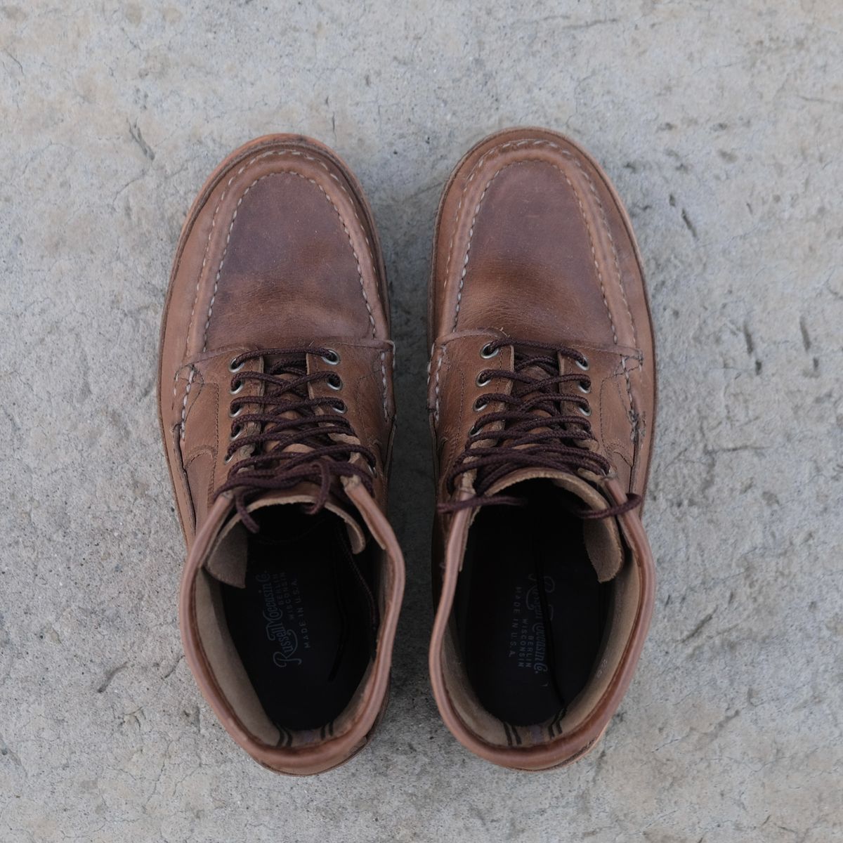 Photo by titletowngoods on November 5, 2025 of the Russell Moccasin Co. Joe's PH in Horween Marine Field Shoe.