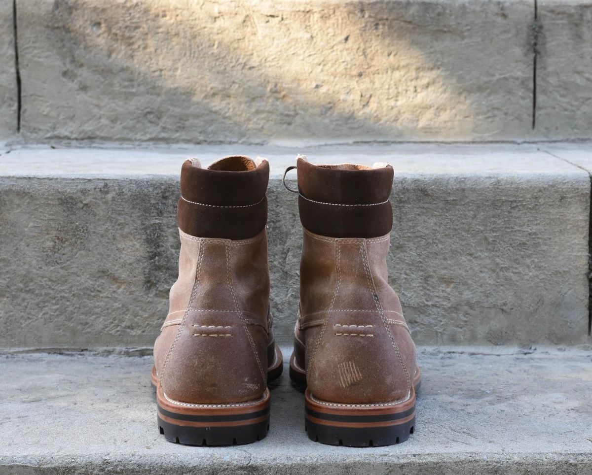 Photo by titletowngoods on October 5, 2022 of the Grant Stone Field Boot in C.F. Stead Natural Waxy Commander Suede.