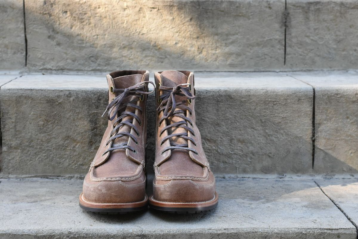 Photo by titletowngoods on October 5, 2022 of the Grant Stone Field Boot in C.F. Stead Natural Waxy Commander Suede.