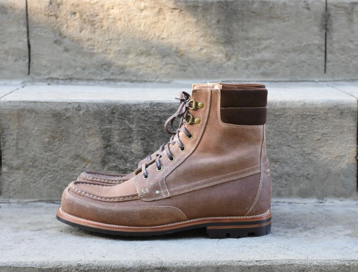 Photo by titletowngoods on October 5, 2022 of the Grant Stone Field Boot in C.F. Stead Natural Waxy Commander Suede.