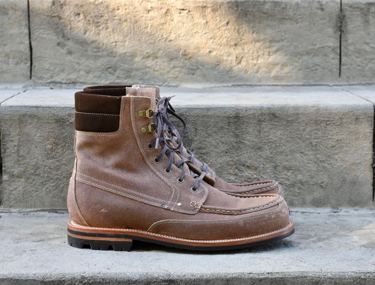 Photo by titletowngoods on October 5, 2022 of the Grant Stone Field Boot in C.F. Stead Natural Waxy Commander Suede.