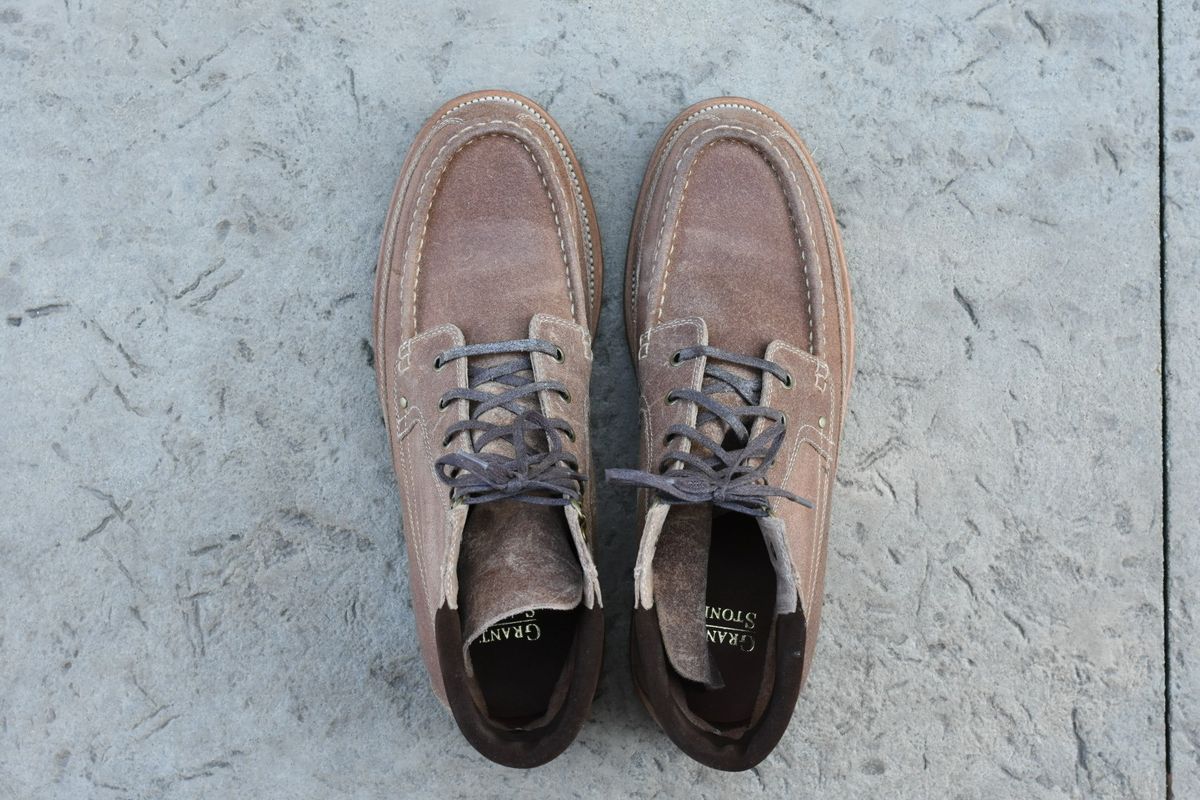 Photo by titletowngoods on October 5, 2022 of the Grant Stone Field Boot in C.F. Stead Natural Waxy Commander Suede.