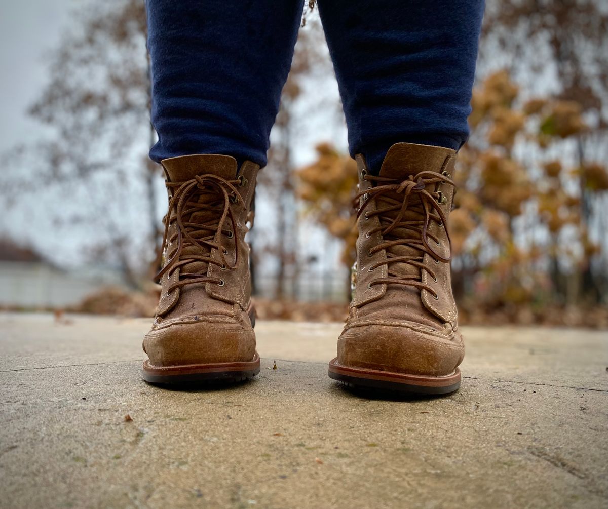 Photo by titletowngoods on November 5, 2022 of the Grant Stone Field Boot in C.F. Stead Natural Waxy Commander Suede.