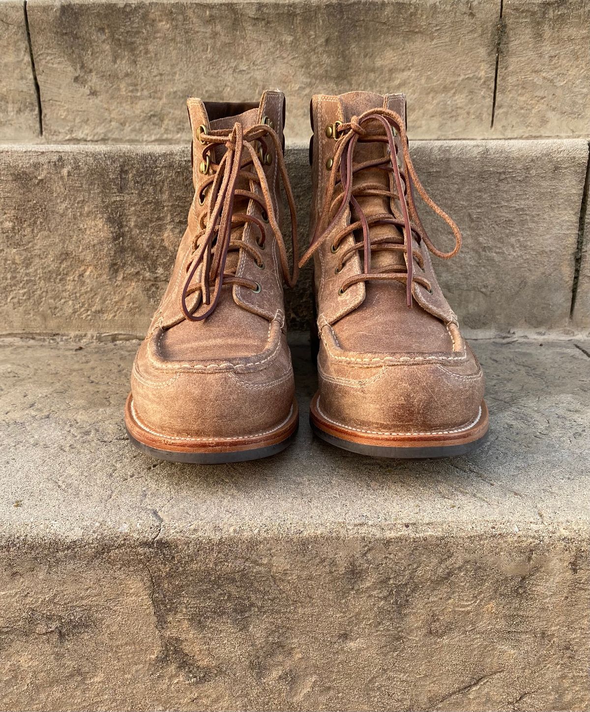 Photo by titletowngoods on November 5, 2022 of the Grant Stone Field Boot in C.F. Stead Natural Waxy Commander Suede.
