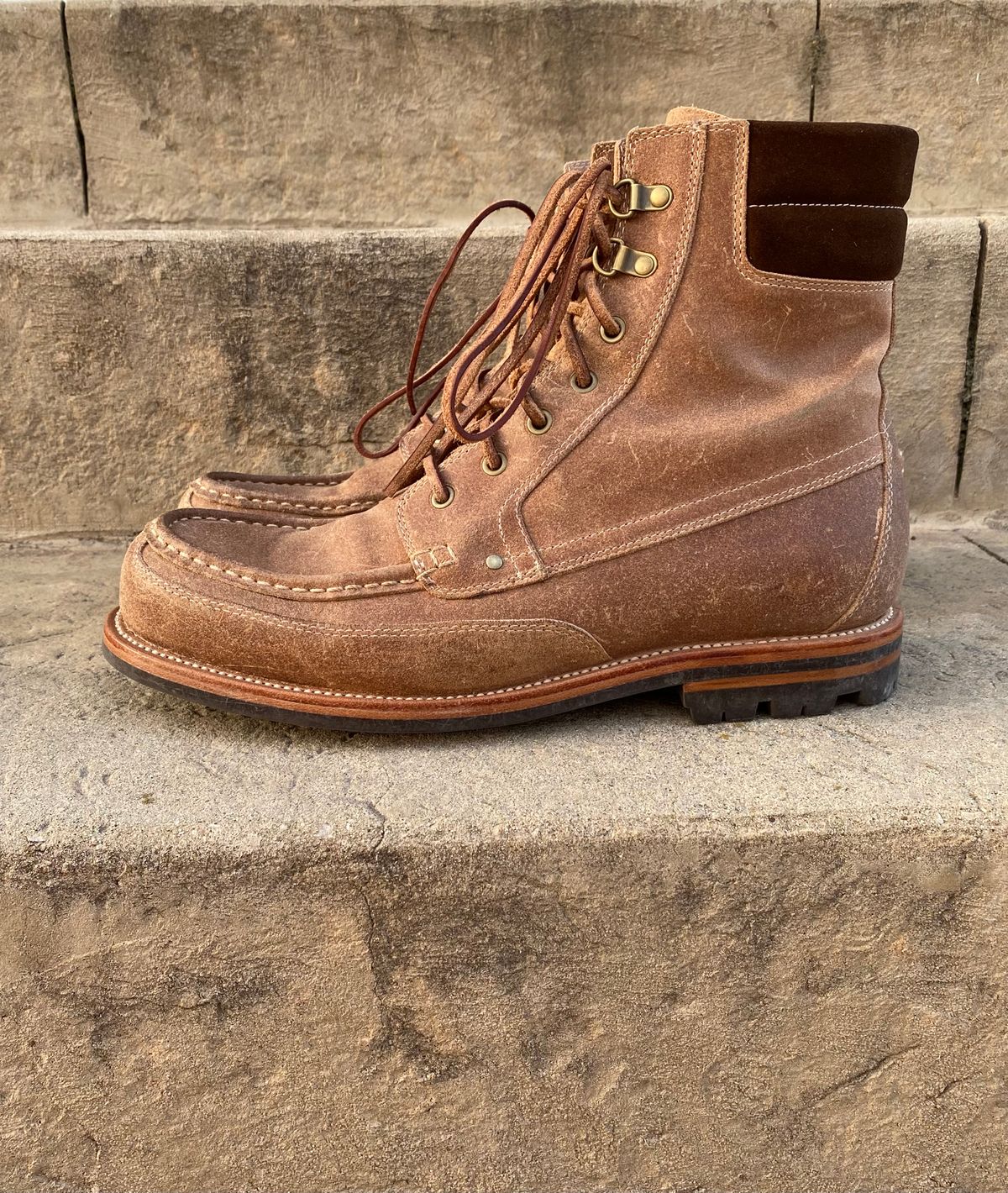 Photo by titletowngoods on November 5, 2022 of the Grant Stone Field Boot in C.F. Stead Natural Waxy Commander Suede.