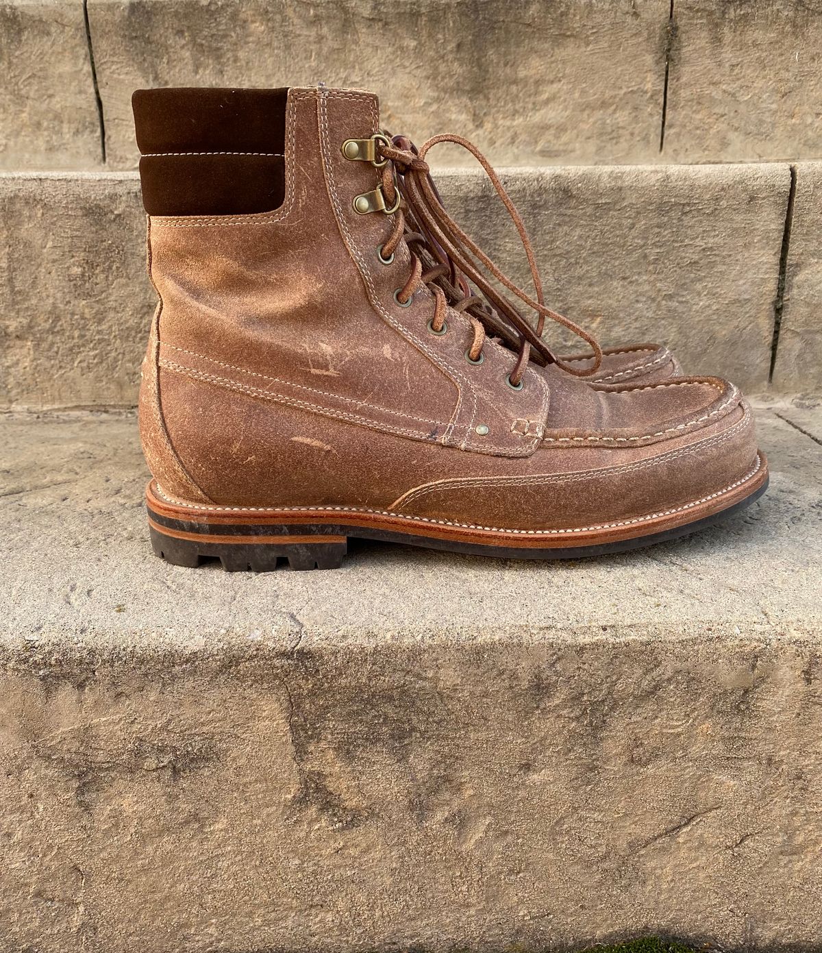 Photo by titletowngoods on November 5, 2022 of the Grant Stone Field Boot in C.F. Stead Natural Waxy Commander Suede.