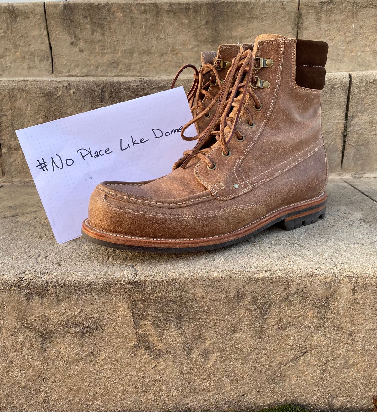 Photo by titletowngoods on November 5, 2022 of the Grant Stone Field Boot in C.F. Stead Natural Waxy Commander Suede.