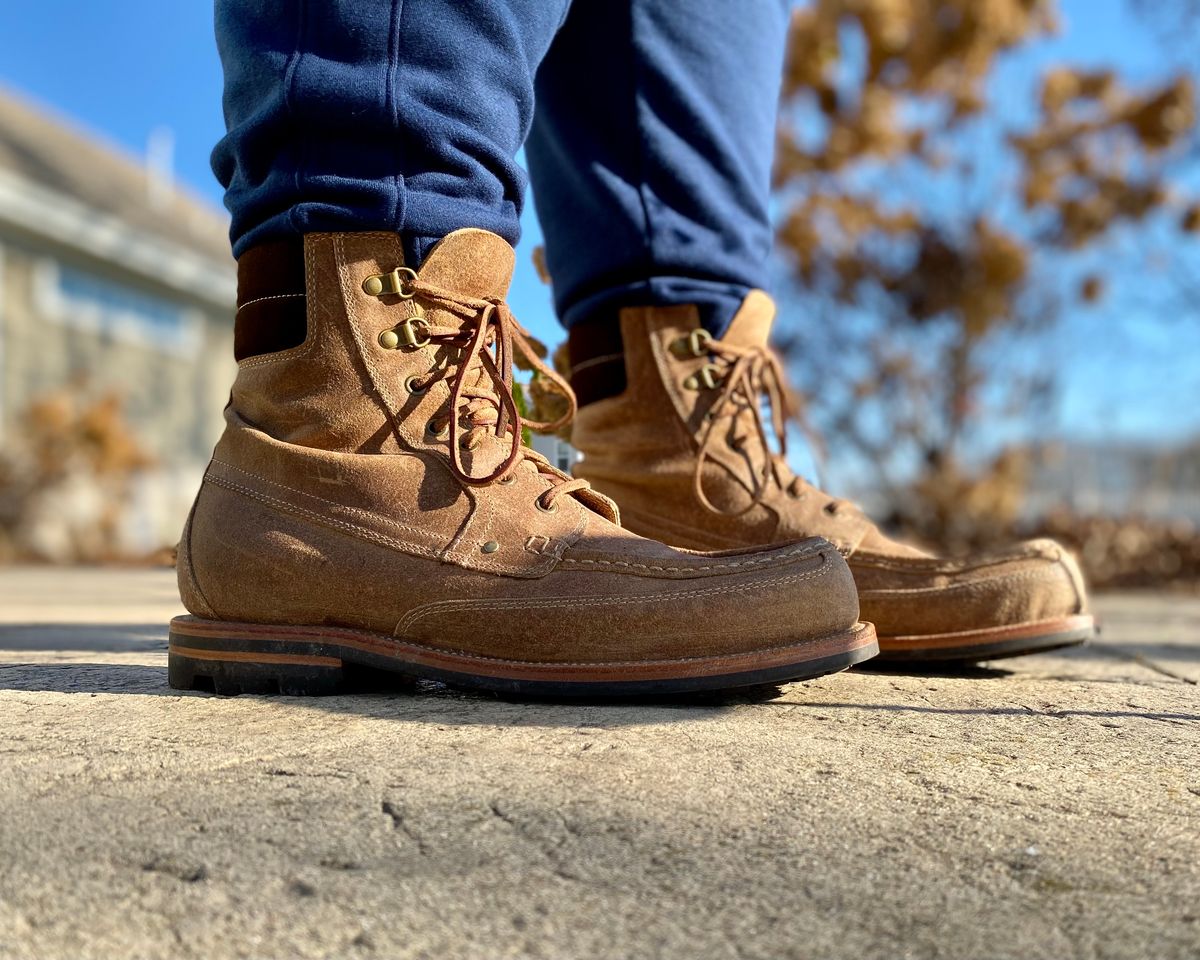 Photo by titletowngoods on December 2, 2022 of the Grant Stone Field Boot in C.F. Stead Natural Waxy Commander Suede.