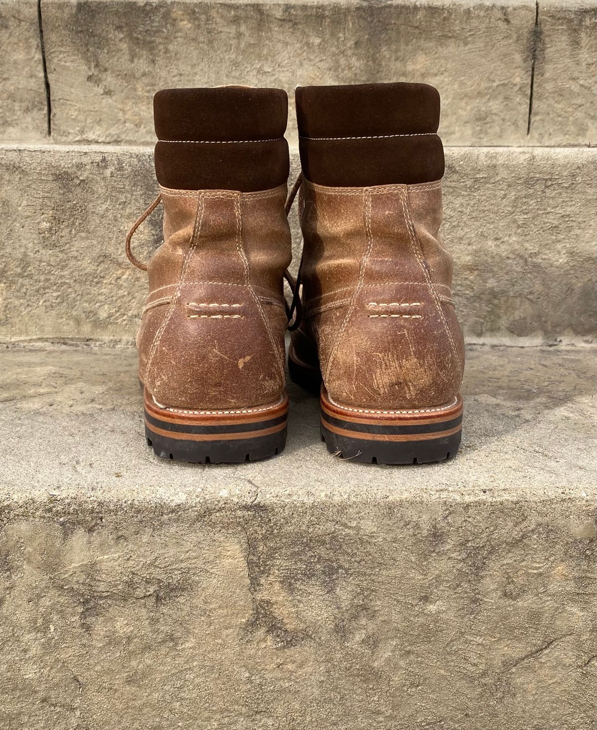 Photo by titletowngoods on December 2, 2022 of the Grant Stone Field Boot in C.F. Stead Natural Waxy Commander Suede.
