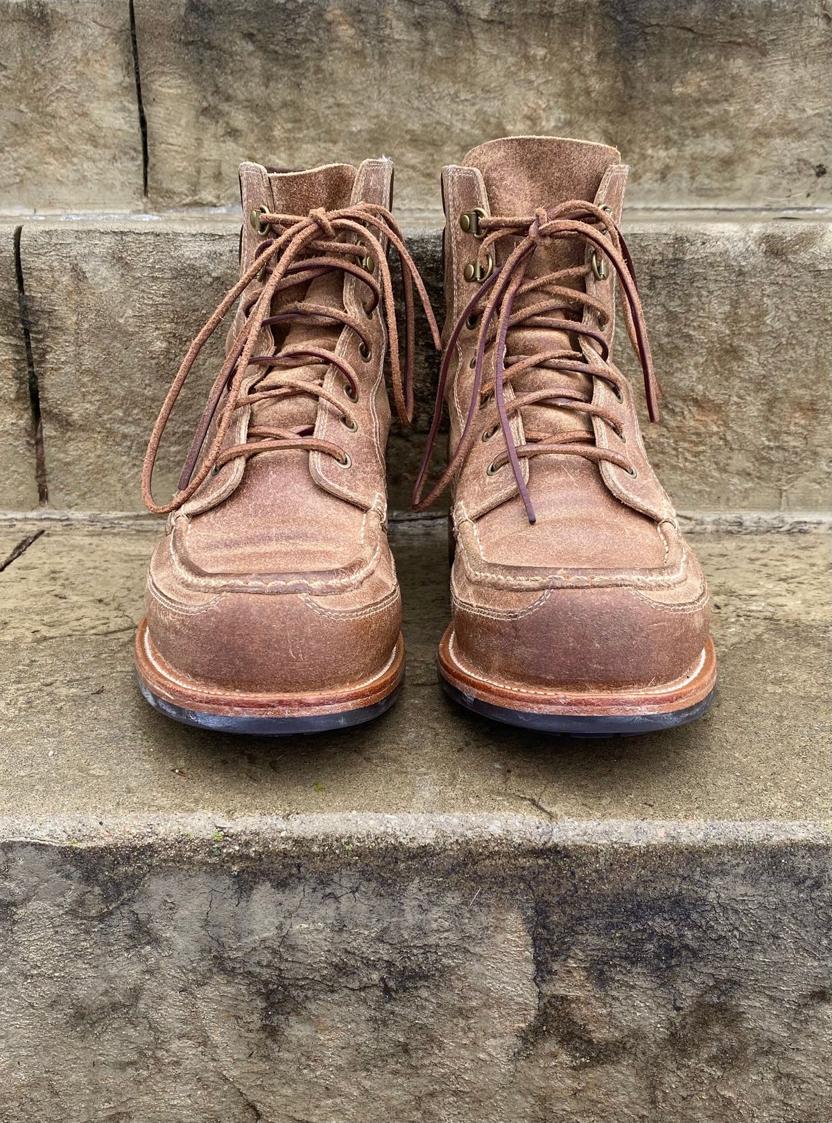 Photo by titletowngoods on January 5, 2023 of the Grant Stone Field Boot in C.F. Stead Natural Waxy Commander Suede.