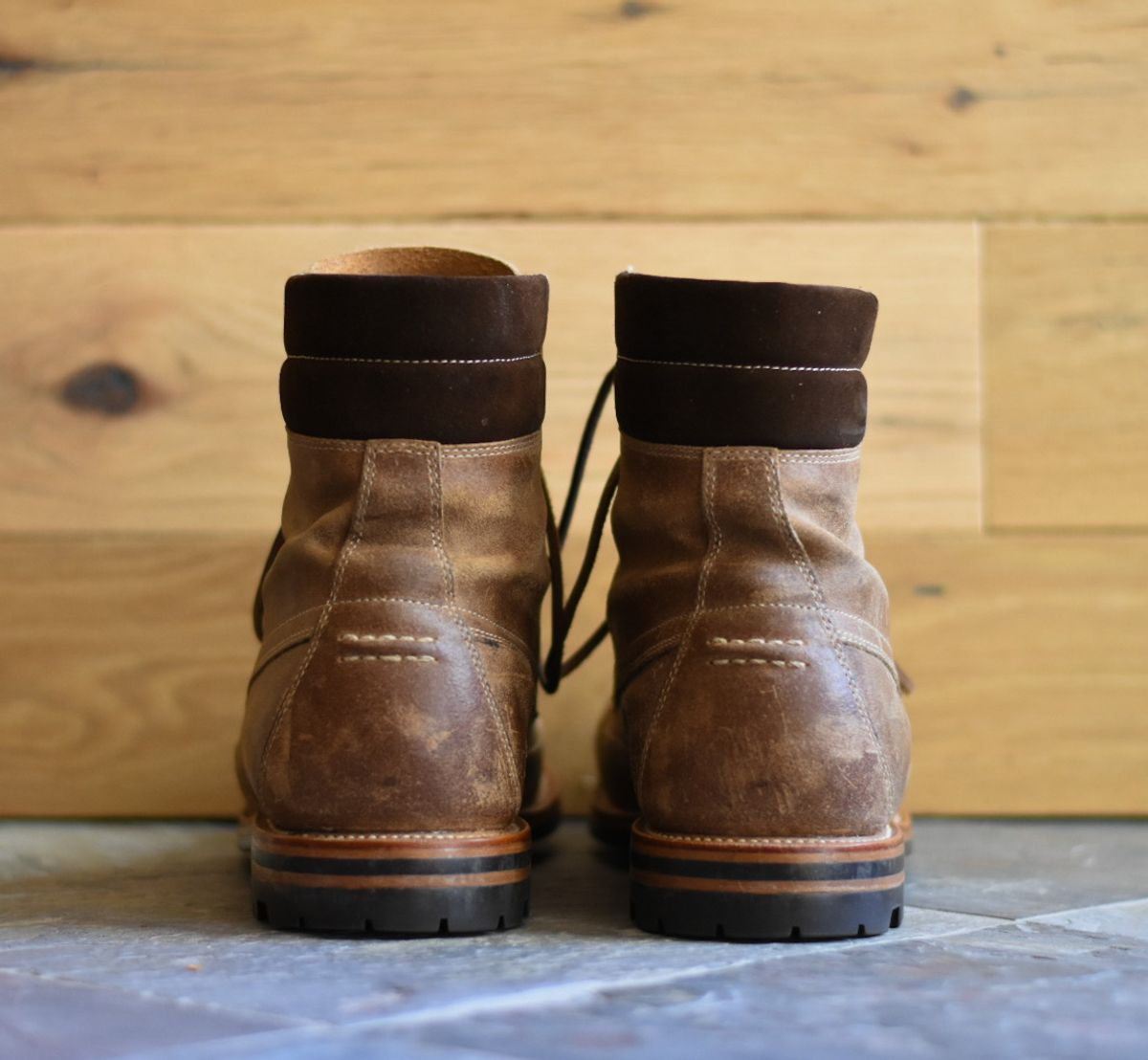 Photo by titletowngoods on February 3, 2023 of the Grant Stone Field Boot in C.F. Stead Natural Waxy Commander Suede.