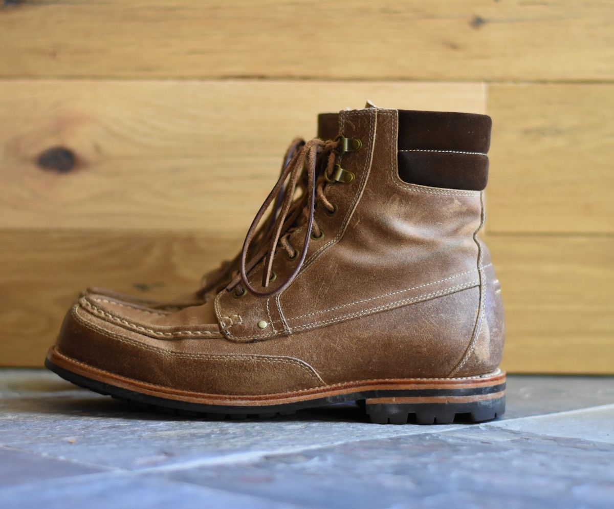 Photo by titletowngoods on February 3, 2023 of the Grant Stone Field Boot in C.F. Stead Natural Waxy Commander Suede.