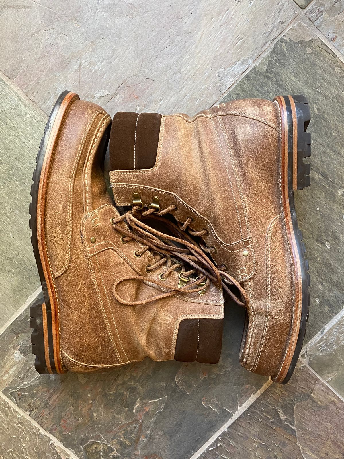 Photo by titletowngoods on February 3, 2023 of the Grant Stone Field Boot in C.F. Stead Natural Waxy Commander Suede.