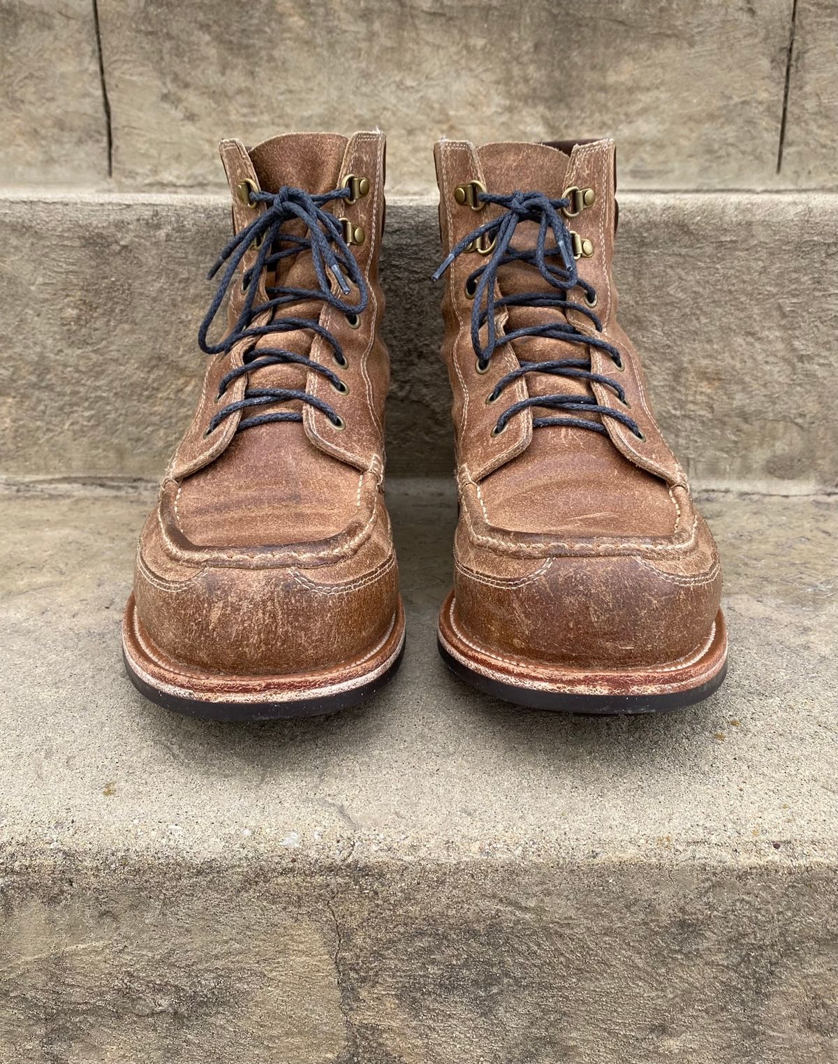 Photo by titletowngoods on April 3, 2023 of the Grant Stone Field Boot in C.F. Stead Natural Waxy Commander Suede.