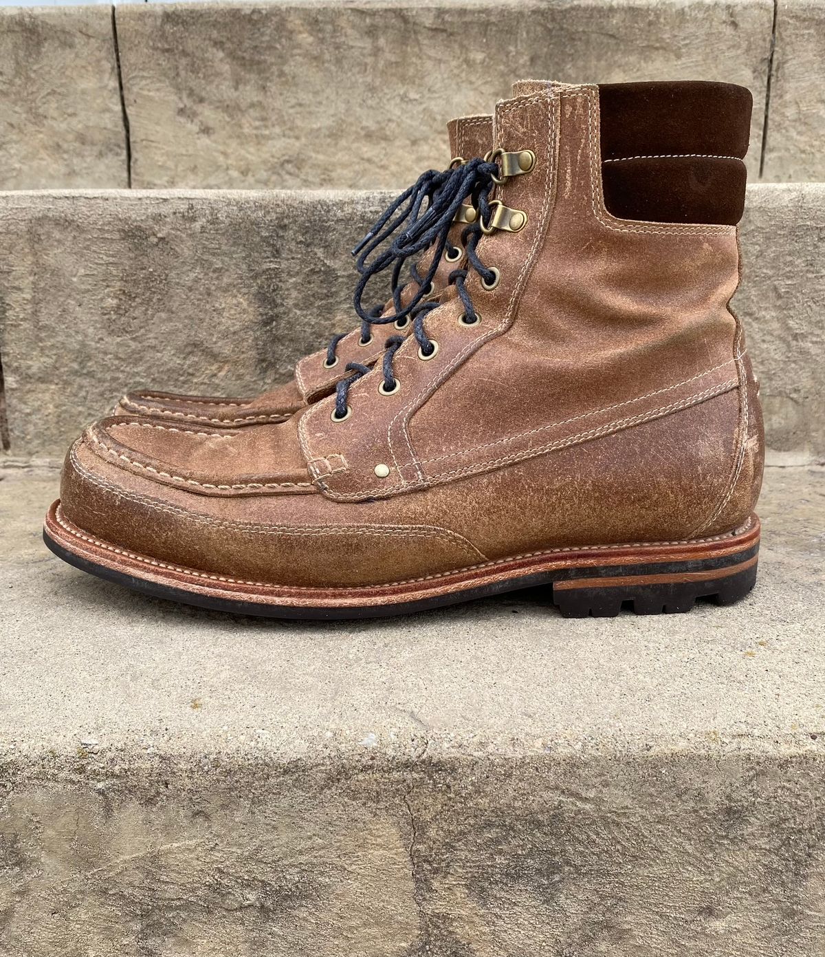 Photo by titletowngoods on April 3, 2023 of the Grant Stone Field Boot in C.F. Stead Natural Waxy Commander Suede.