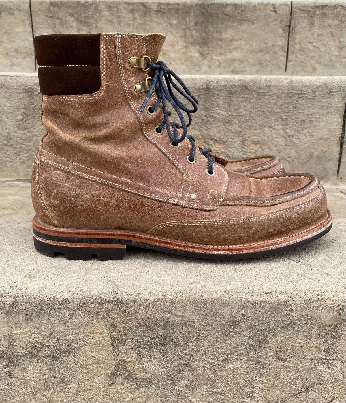 Photo by titletowngoods on April 3, 2023 of the Grant Stone Field Boot in C.F. Stead Natural Waxy Commander Suede.