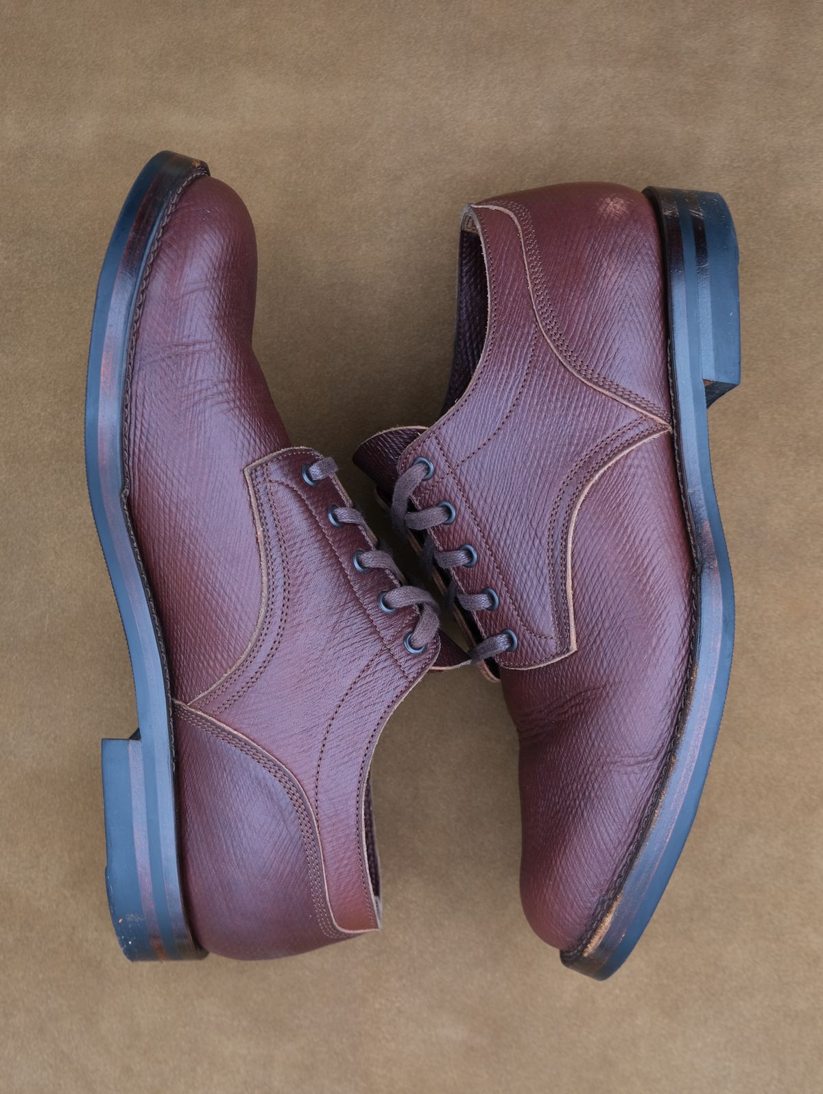 Photo by titletowngoods on November 1, 2023 of the Onderhoud LVL01 Derby Boot in J&FJ Baker Brown Russian Calf.