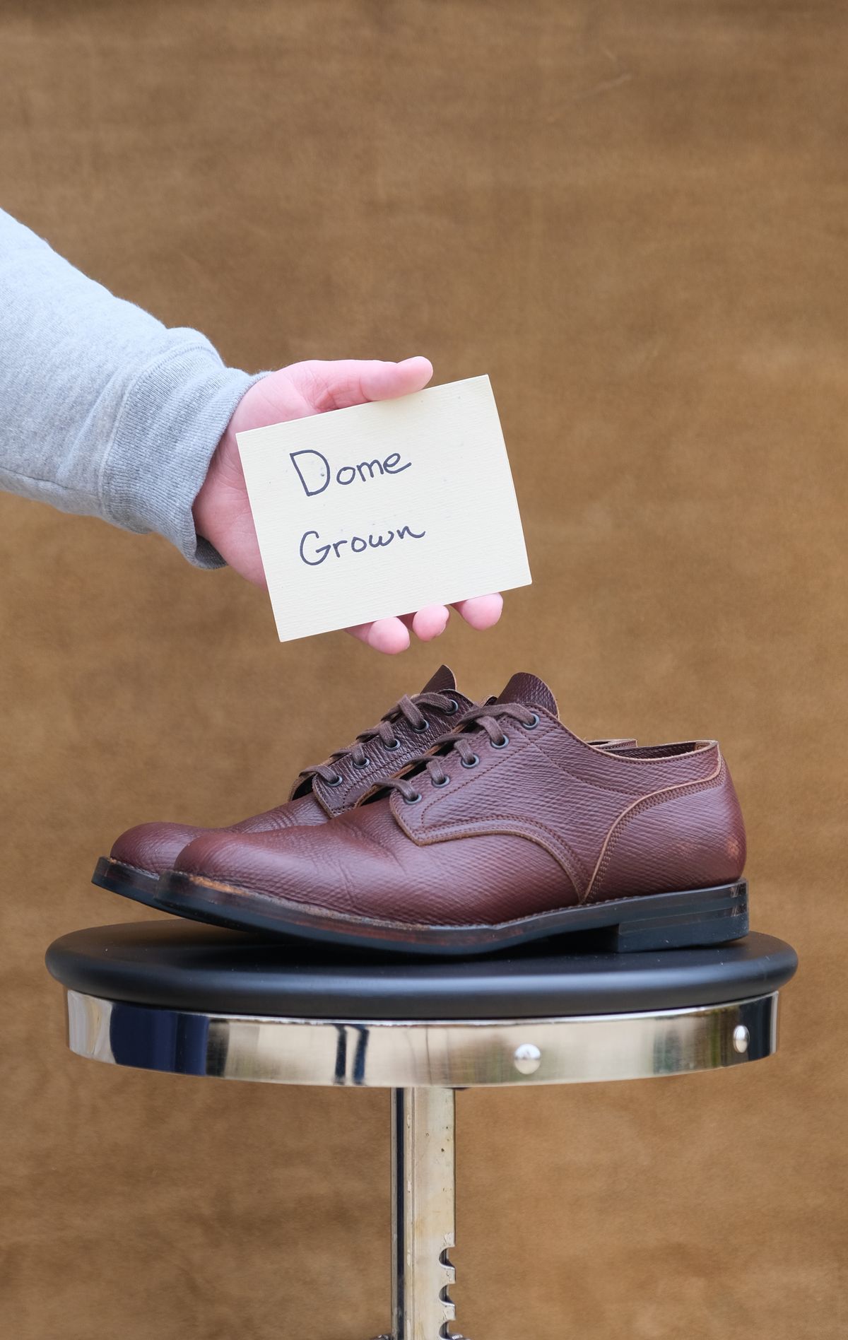 Photo by titletowngoods on November 1, 2023 of the Onderhoud LVL01 Derby Boot in J&FJ Baker Brown Russian Calf.