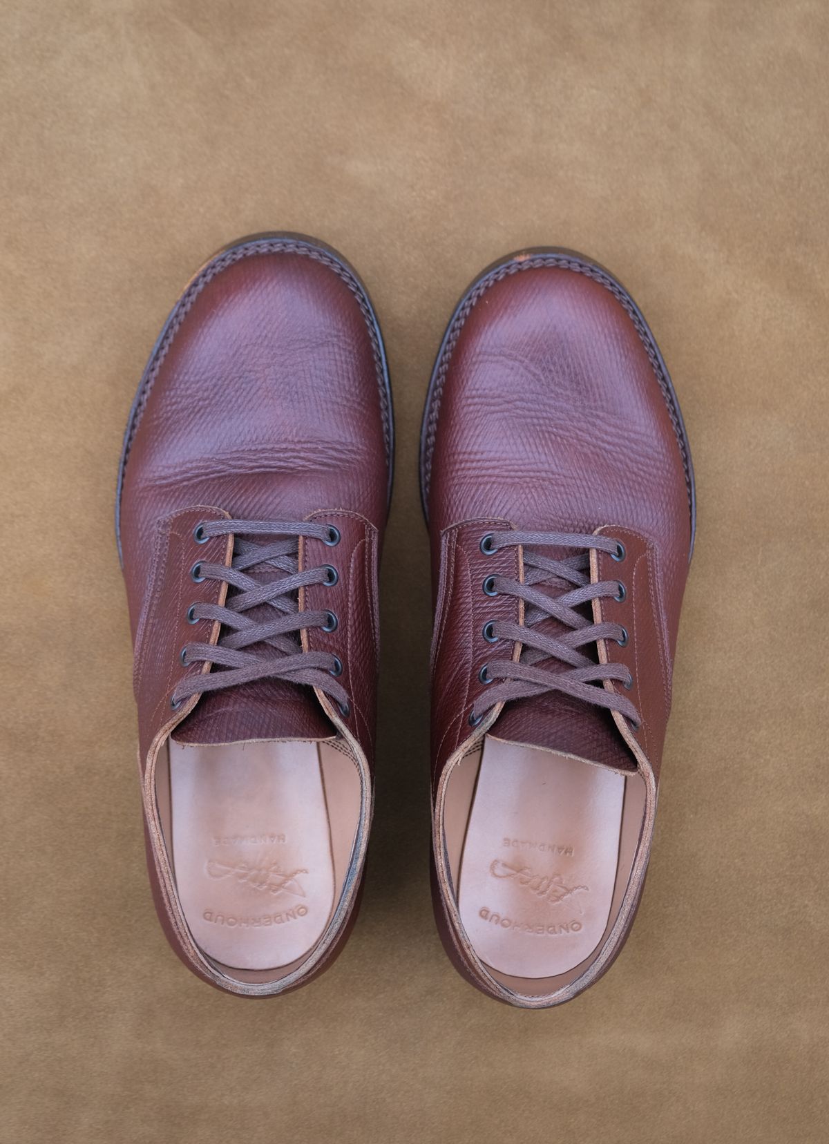 Photo by titletowngoods on November 1, 2023 of the Onderhoud LVL01 Derby Boot in J&FJ Baker Brown Russian Calf.