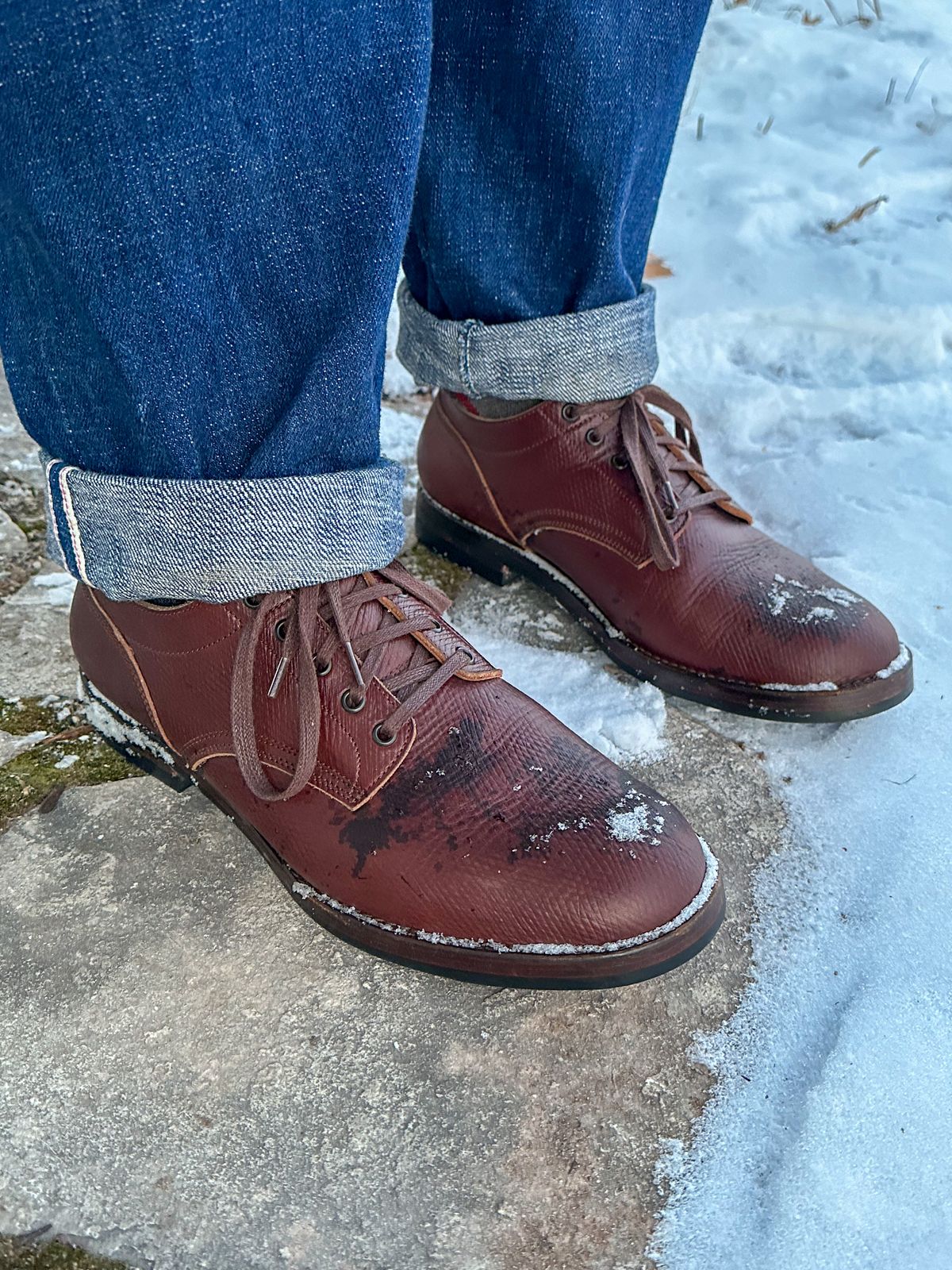Photo by titletowngoods on December 4, 2023 of the Onderhoud LVL01 Derby Boot in J&FJ Baker Brown Russian Calf.