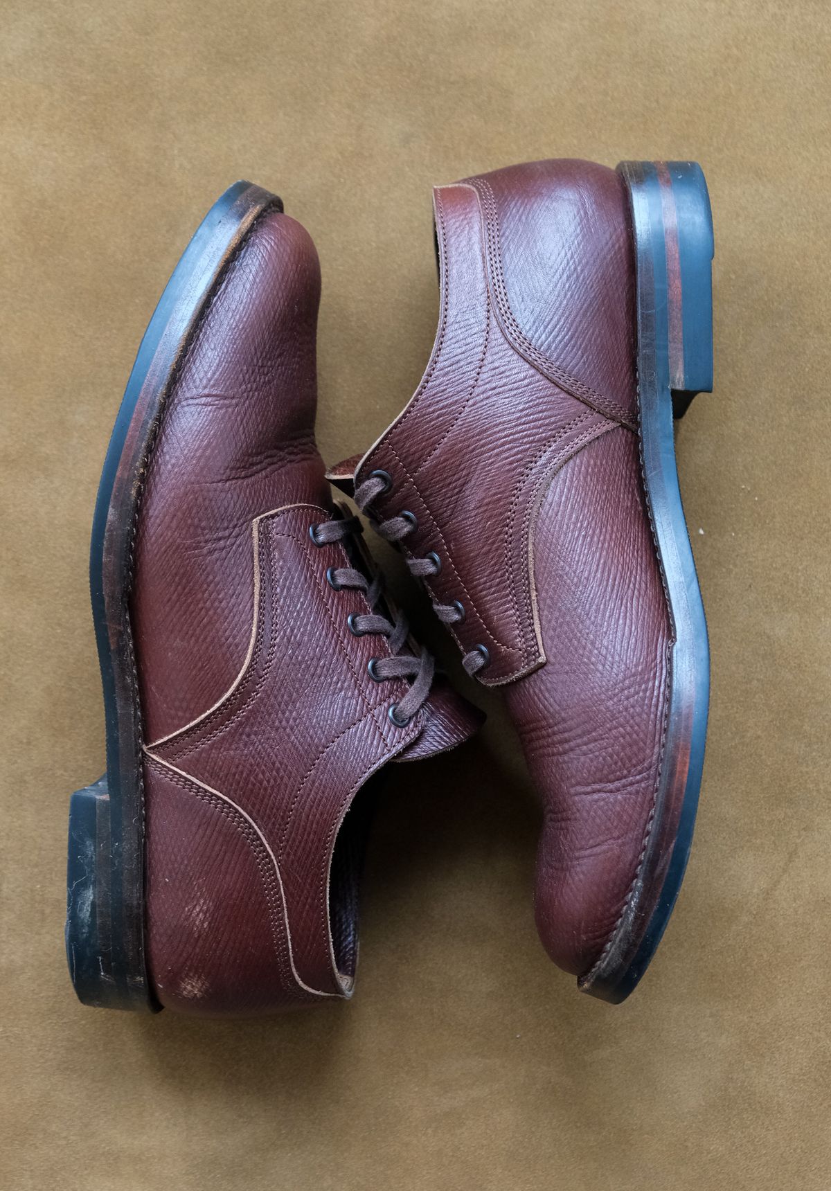 Photo by titletowngoods on December 4, 2023 of the Onderhoud LVL01 Derby Boot in J&FJ Baker Brown Russian Calf.