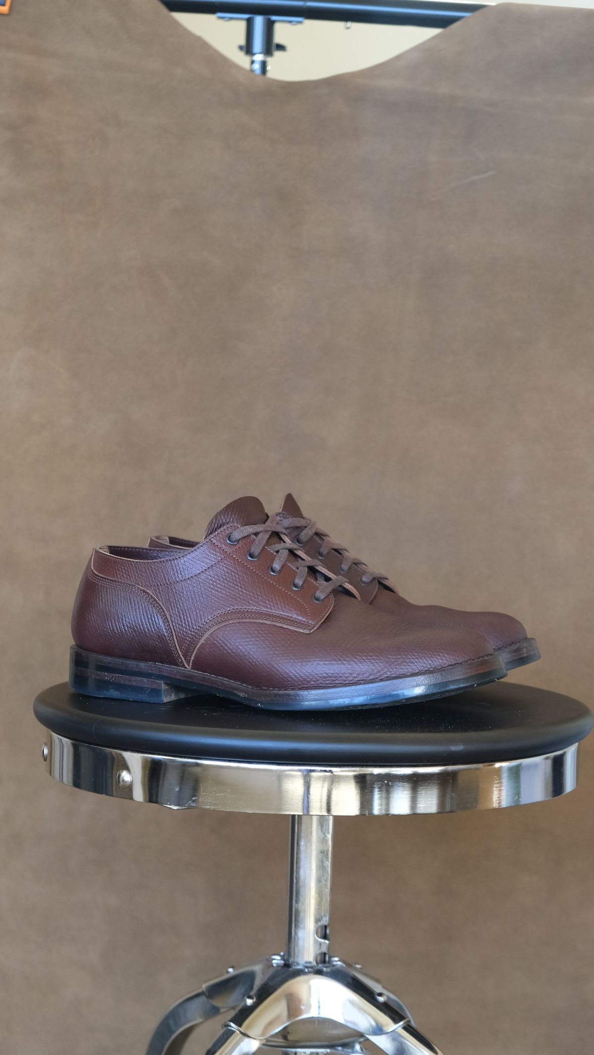 Photo by titletowngoods on January 4, 2024 of the Onderhoud LVL01 Derby Boot in J&FJ Baker Brown Russian Calf.