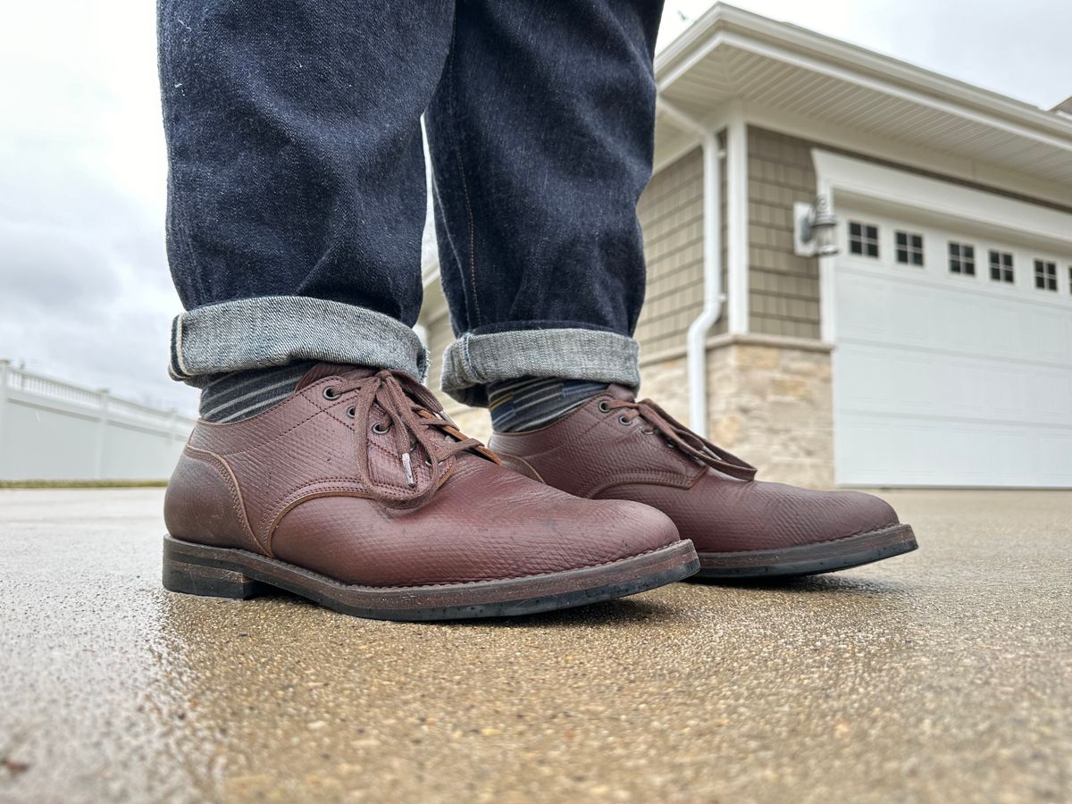 Photo by titletowngoods on April 4, 2024 of the Onderhoud LVL01 Derby Boot in J&FJ Baker Brown Russian Calf.