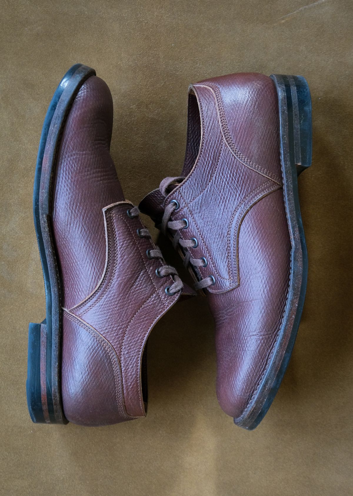 Photo by titletowngoods on April 4, 2024 of the Onderhoud LVL01 Derby Boot in J&FJ Baker Brown Russian Calf.