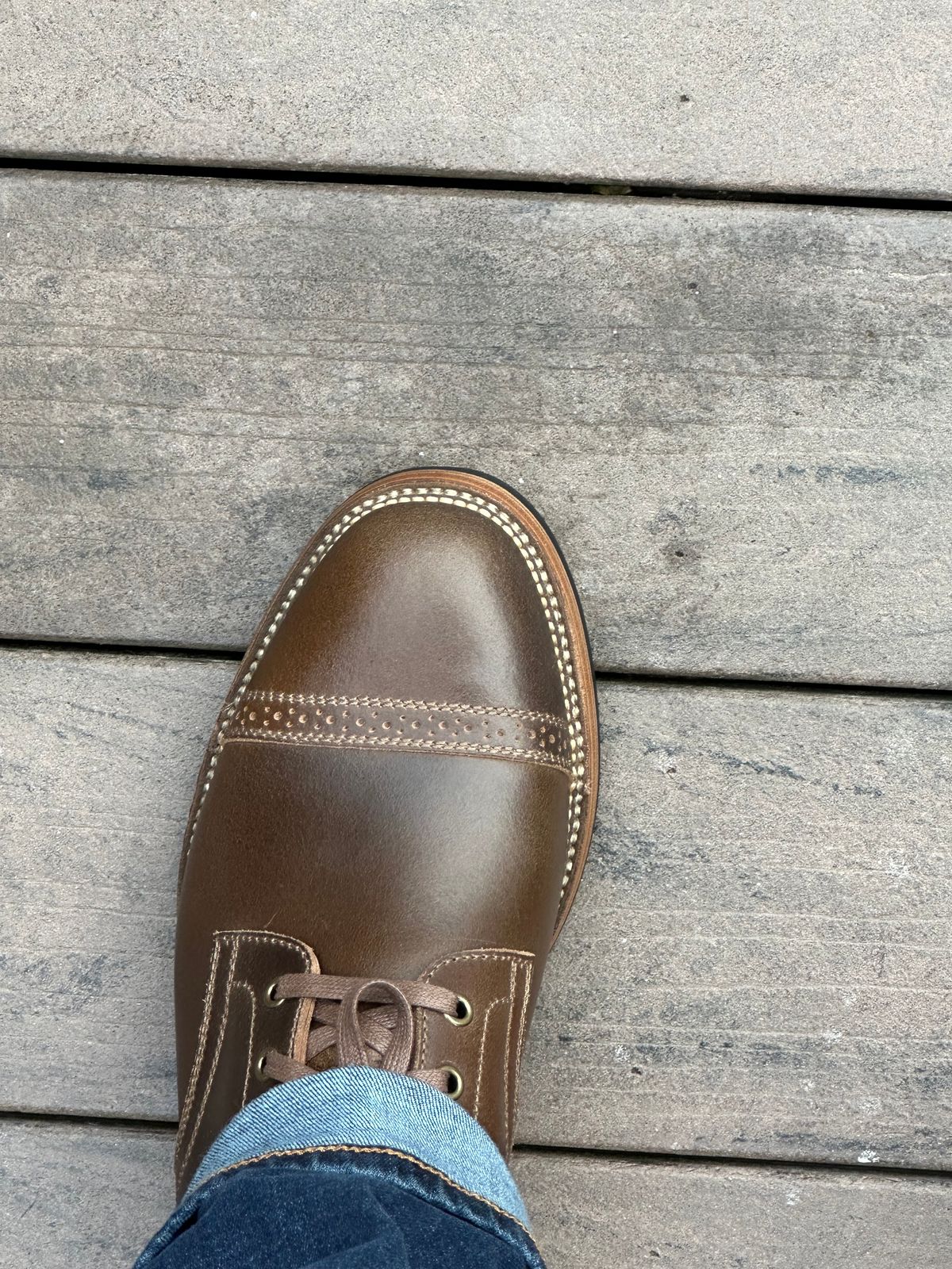 Photo by ferf on June 15, 2023 of the Flame Panda Service Boot in Horween Olive Waxed Flesh.
