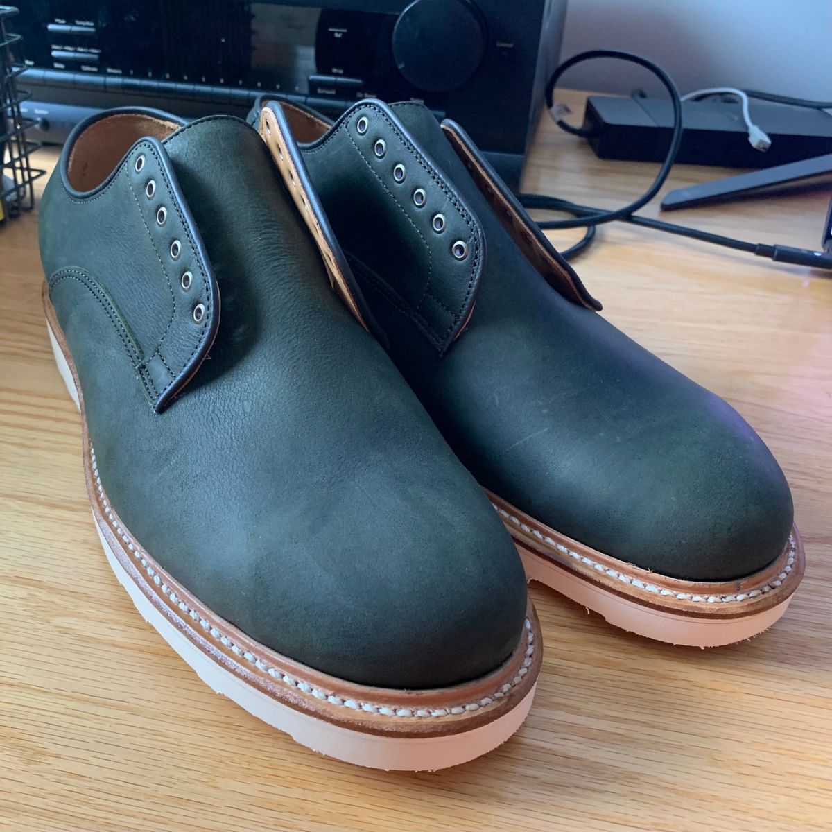 Photo by yeolderoberto on August 8, 2023 of the Viberg Derby Shoe in C.F. Stead Military Green Waxed Kudu.