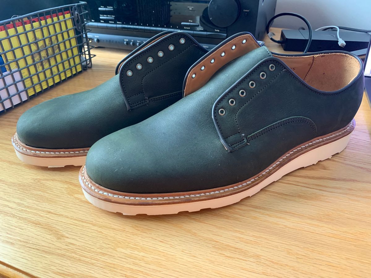 Photo by yeolderoberto on August 8, 2023 of the Viberg Derby Shoe in C.F. Stead Military Green Waxed Kudu.