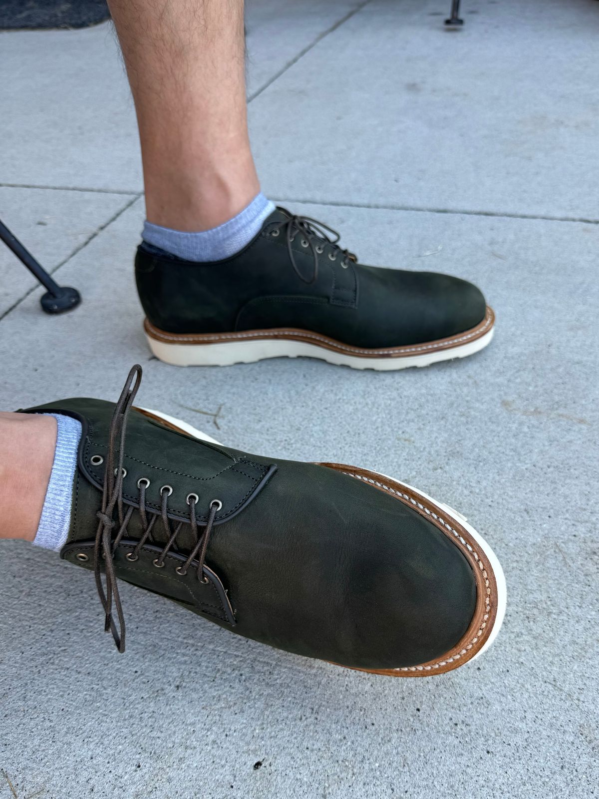Photo by yeolderoberto on October 1, 2023 of the Viberg Derby Shoe in C.F. Stead Military Green Waxed Kudu.