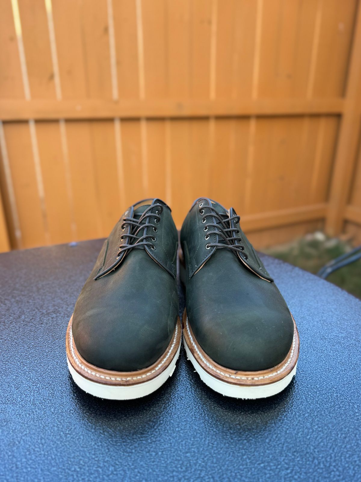 Photo by yeolderoberto on October 1, 2023 of the Viberg Derby Shoe in C.F. Stead Military Green Waxed Kudu.