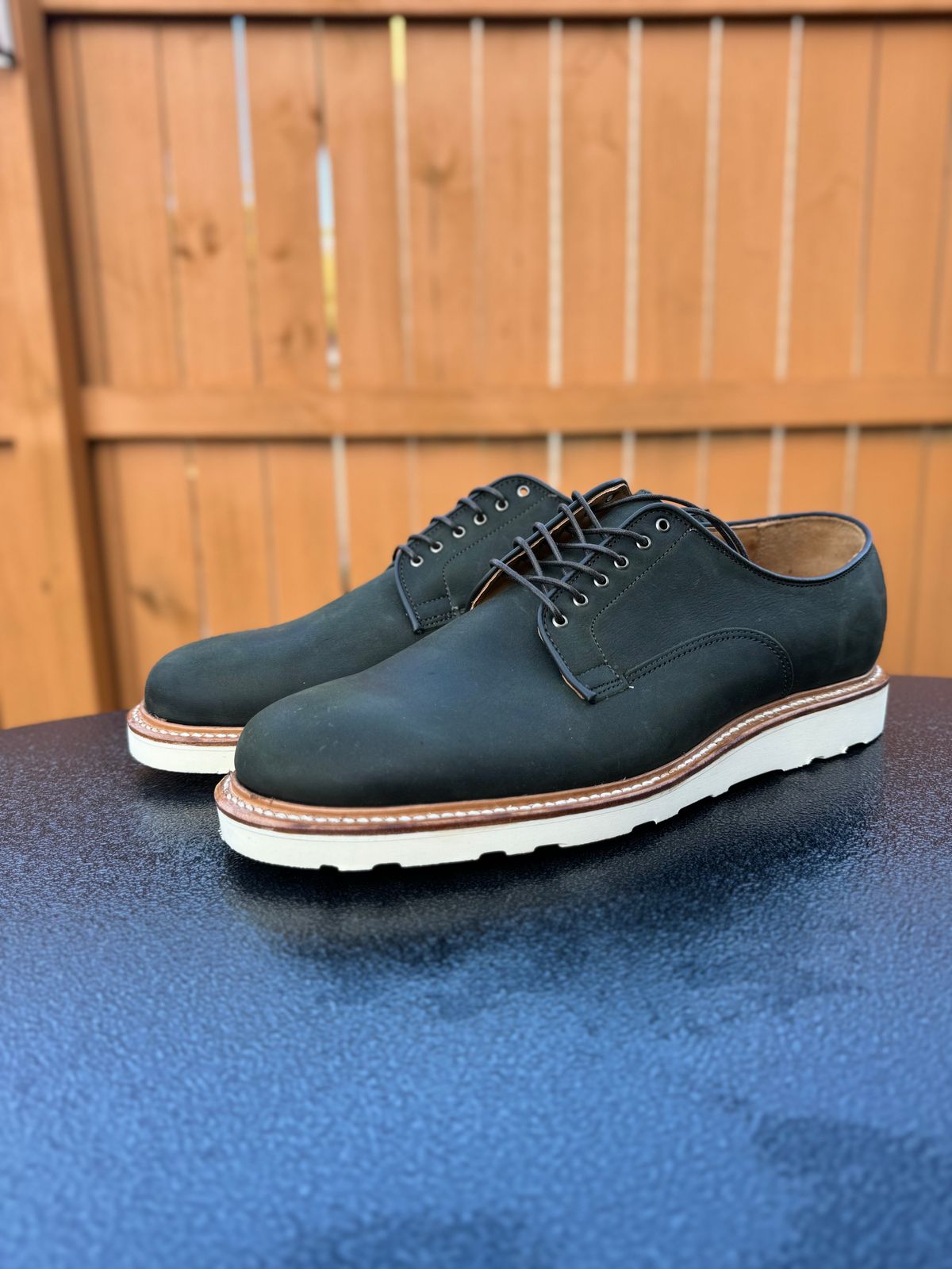 Photo by yeolderoberto on October 1, 2023 of the Viberg Derby Shoe in C.F. Stead Military Green Waxed Kudu.