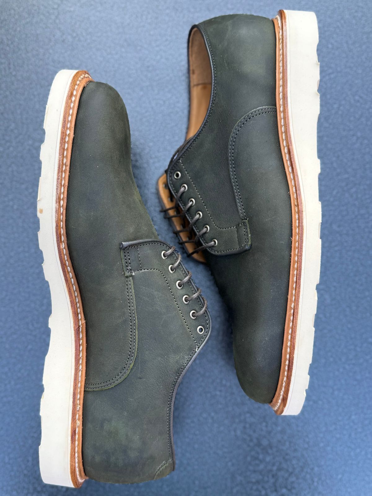 Photo by yeolderoberto on October 1, 2023 of the Viberg Derby Shoe in C.F. Stead Military Green Waxed Kudu.