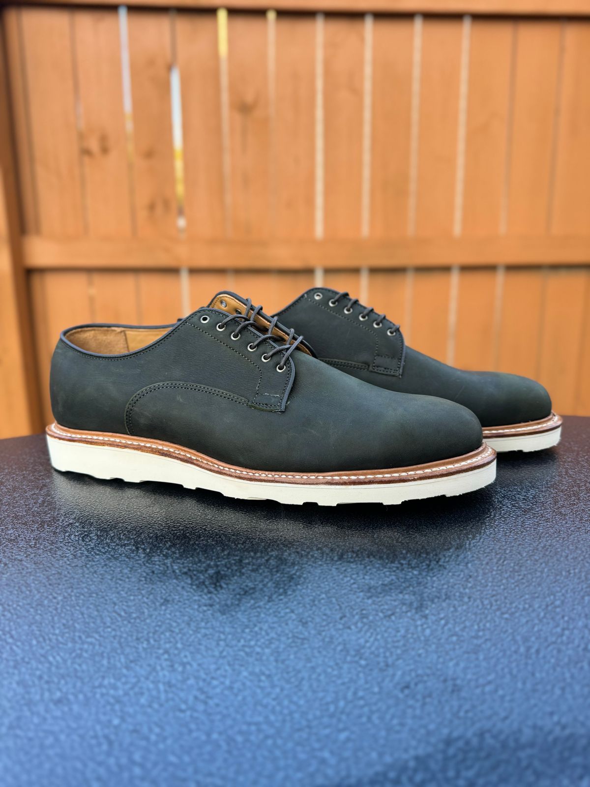 Photo by yeolderoberto on October 1, 2023 of the Viberg Derby Shoe in C.F. Stead Military Green Waxed Kudu.