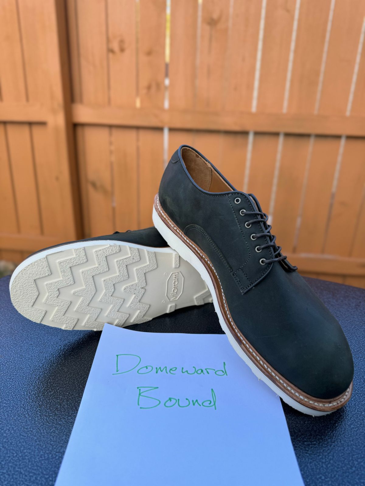 Photo by yeolderoberto on October 1, 2023 of the Viberg Derby Shoe in C.F. Stead Military Green Waxed Kudu.