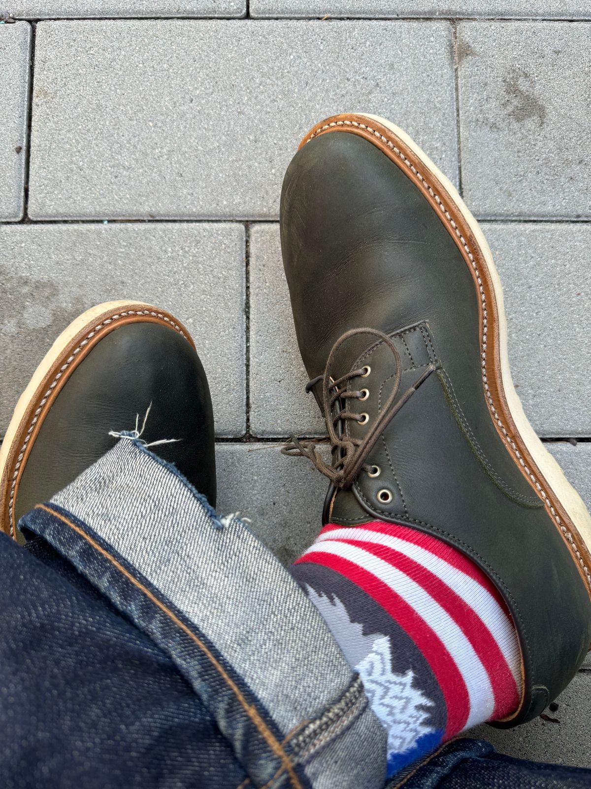 Photo by yeolderoberto on October 14, 2023 of the Viberg Derby Shoe in C.F. Stead Military Green Waxed Kudu.