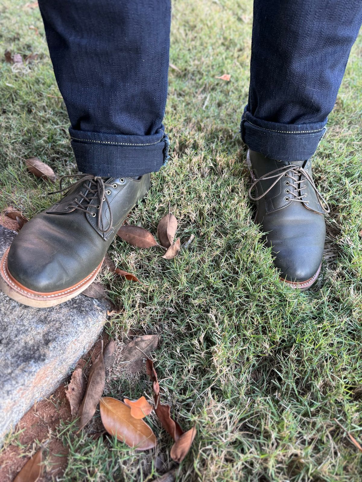 Photo by yeolderoberto on November 2, 2023 of the Viberg Derby Shoe in C.F. Stead Military Green Waxed Kudu.
