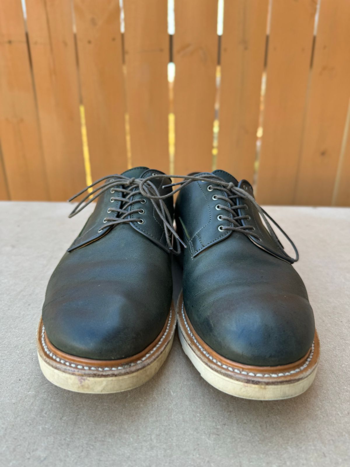 Photo by yeolderoberto on November 2, 2023 of the Viberg Derby Shoe in C.F. Stead Military Green Waxed Kudu.