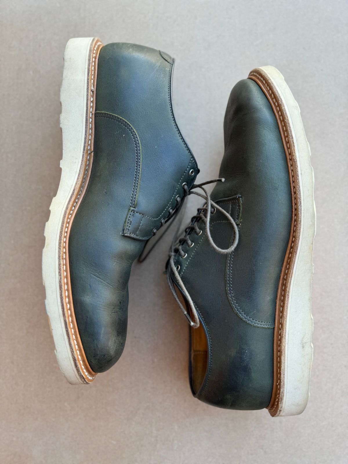 Photo by yeolderoberto on November 2, 2023 of the Viberg Derby Shoe in C.F. Stead Military Green Waxed Kudu.