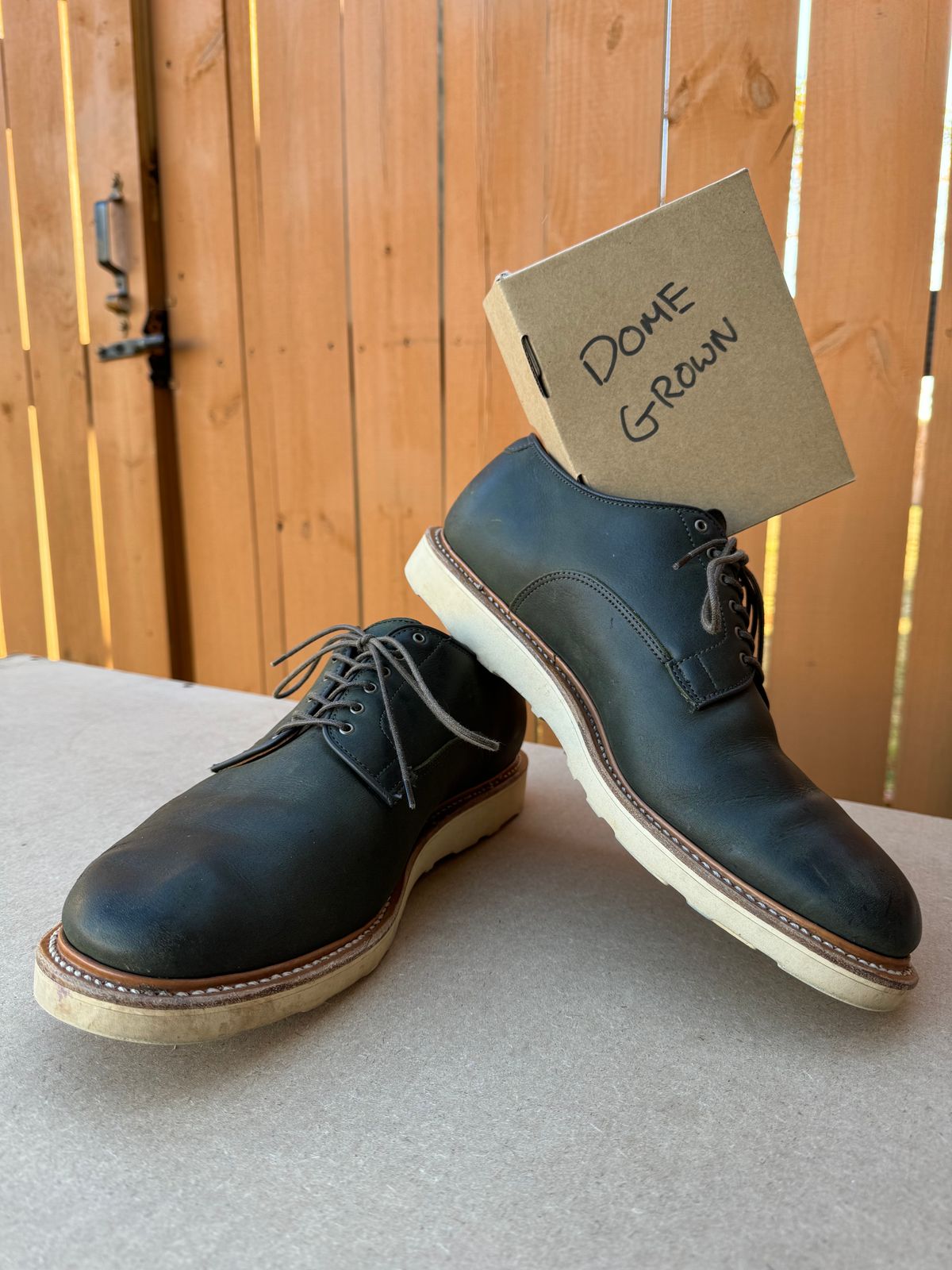 Photo by yeolderoberto on November 2, 2023 of the Viberg Derby Shoe in C.F. Stead Military Green Waxed Kudu.