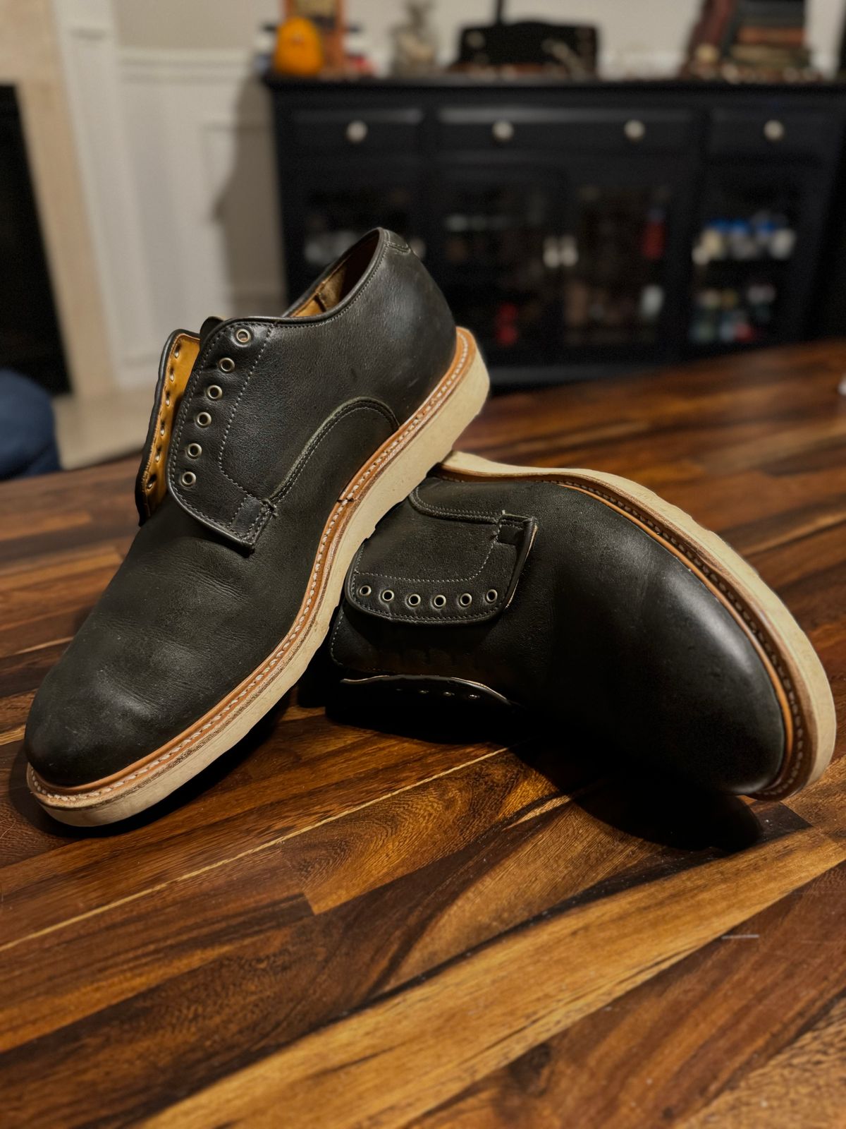 Photo by yeolderoberto on November 12, 2023 of the Viberg Derby Shoe in C.F. Stead Military Green Waxed Kudu.