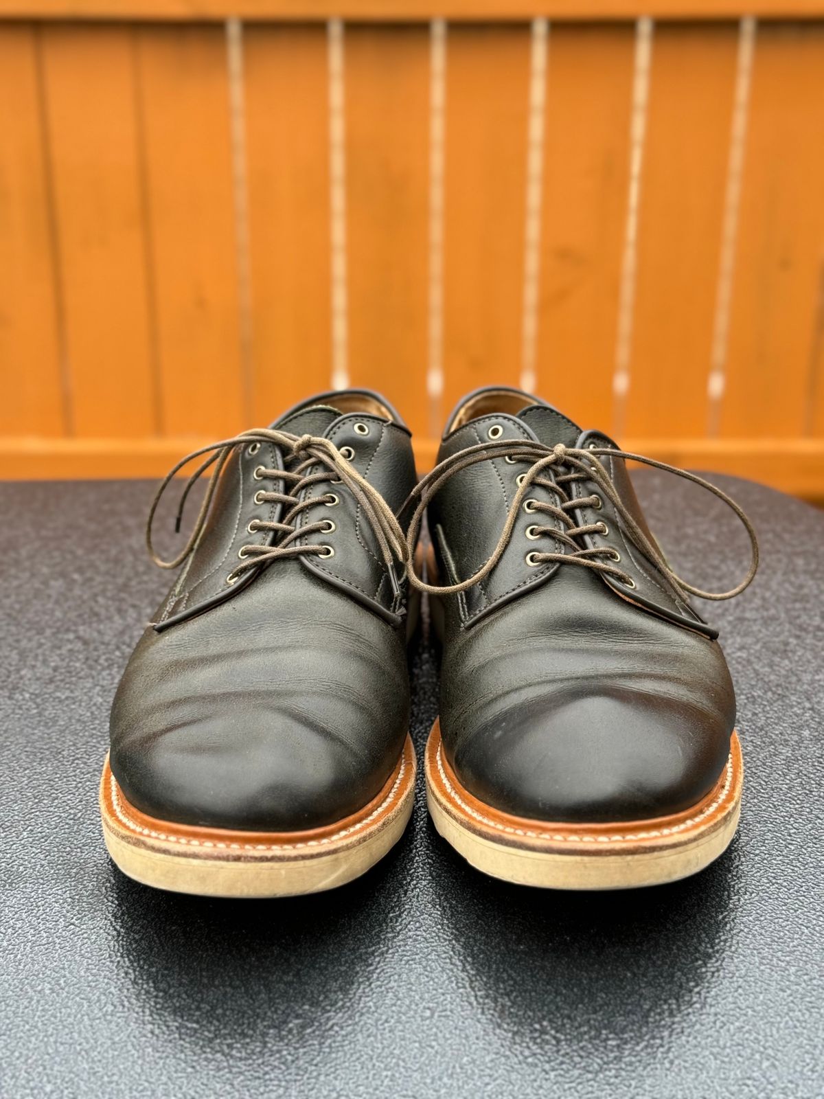 Photo by yeolderoberto on December 2, 2023 of the Viberg Derby Shoe in C.F. Stead Military Green Waxed Kudu.