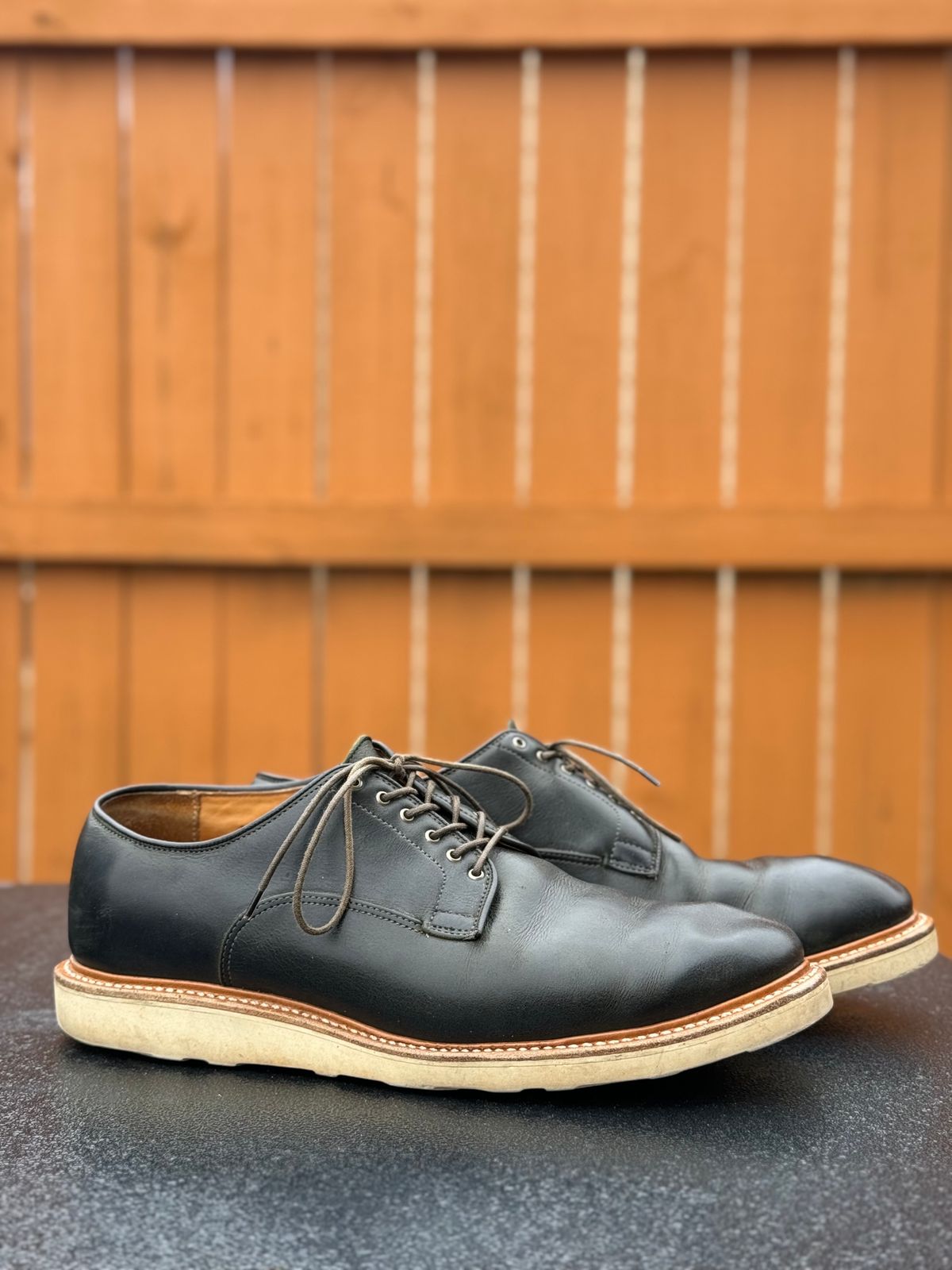 Photo by yeolderoberto on December 2, 2023 of the Viberg Derby Shoe in C.F. Stead Military Green Waxed Kudu.