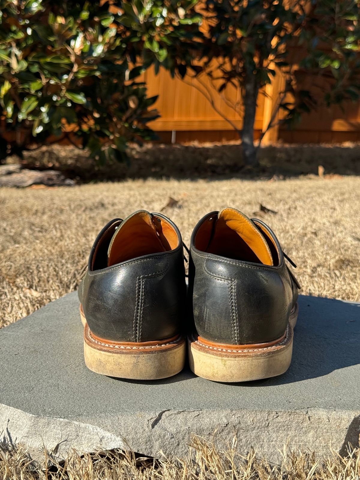 Photo by yeolderoberto on January 1, 2024 of the Viberg Derby Shoe in C.F. Stead Military Green Waxed Kudu.