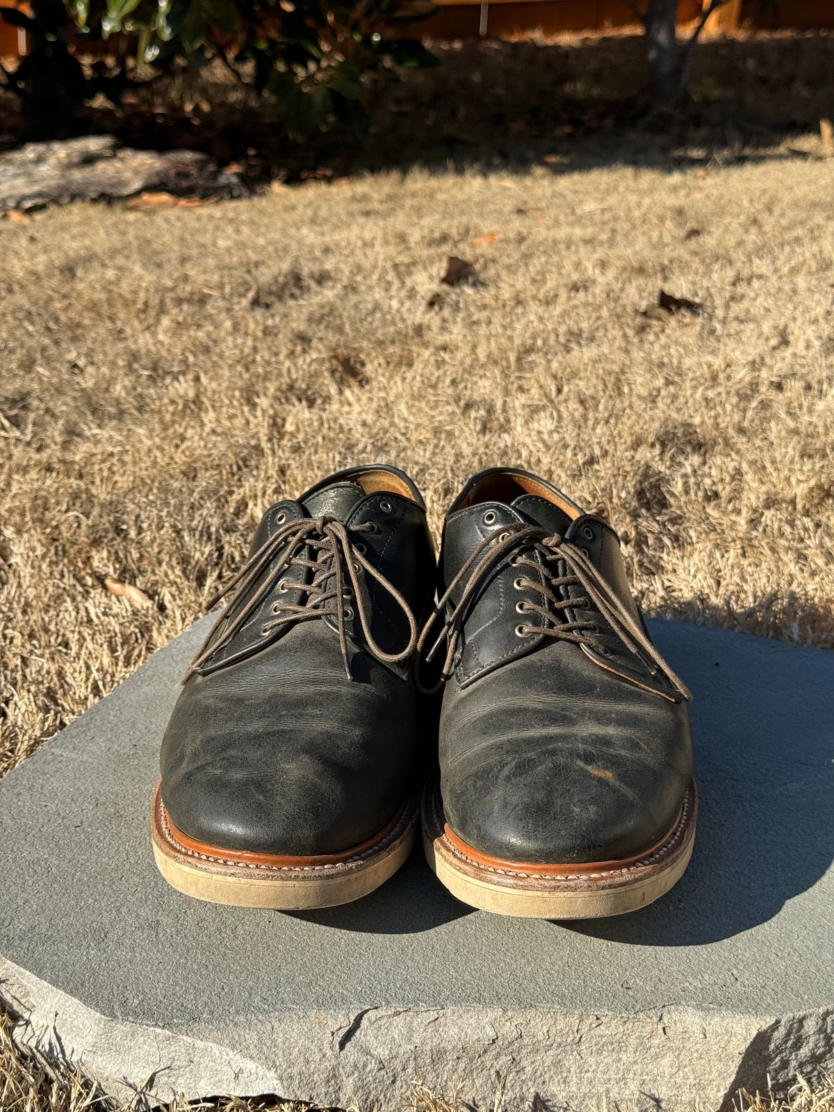 Photo by yeolderoberto on January 1, 2024 of the Viberg Derby Shoe in C.F. Stead Military Green Waxed Kudu.