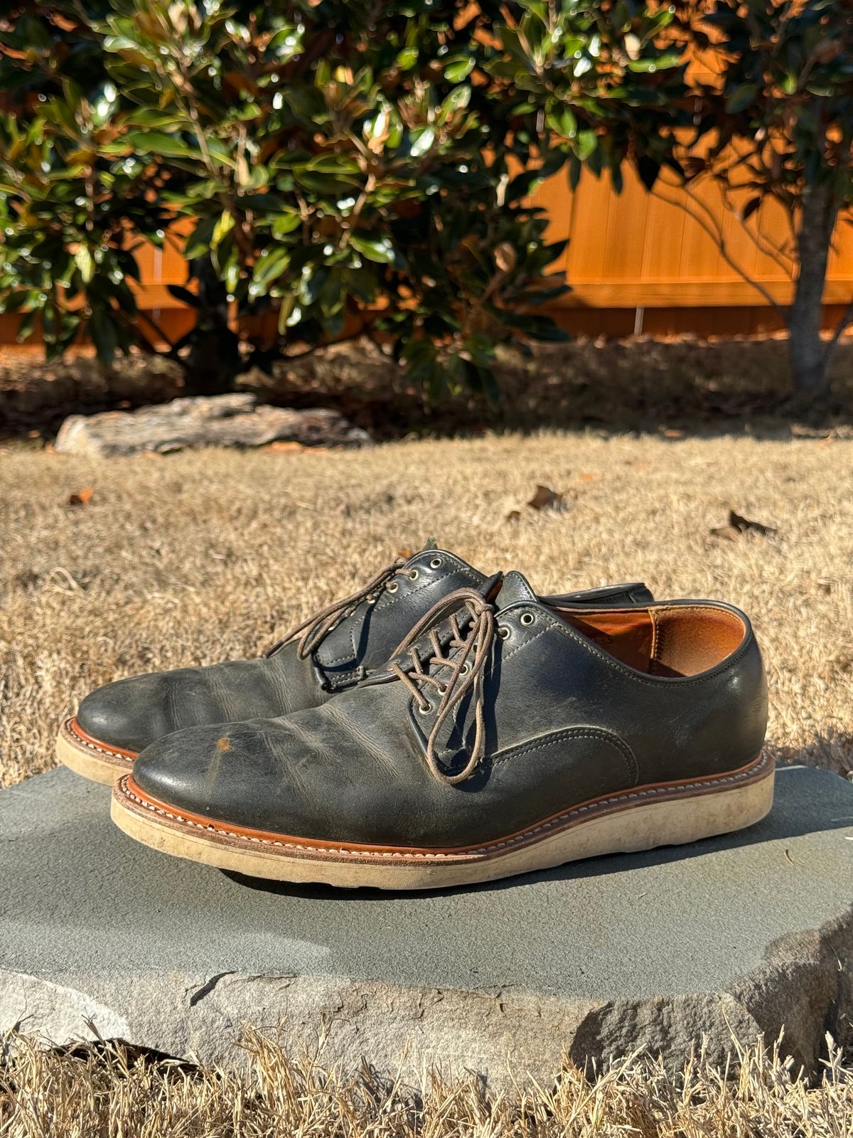 Photo by yeolderoberto on January 1, 2024 of the Viberg Derby Shoe in C.F. Stead Military Green Waxed Kudu.