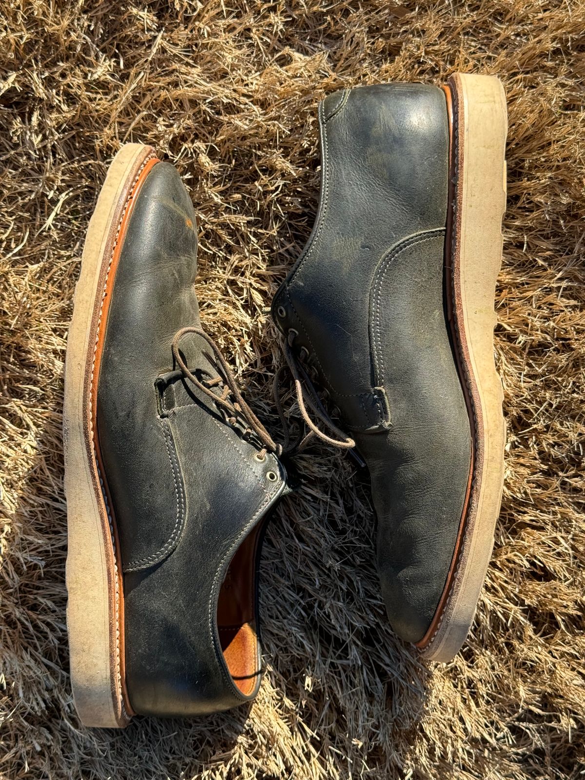 Photo by yeolderoberto on January 1, 2024 of the Viberg Derby Shoe in C.F. Stead Military Green Waxed Kudu.